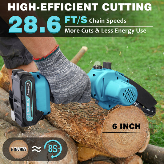 Sky Blue Mini Chainsaw – 6” Cordless Electric Wood Cutter