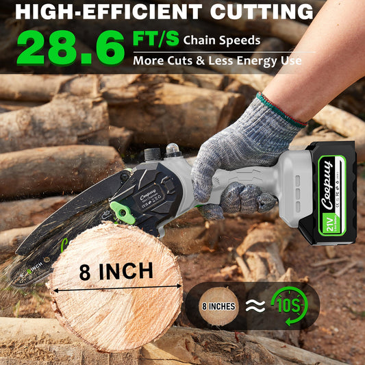 Gray 8 Inch Mini Chainsaw – Cordless Electric Wood Cutter with 2 Batteries