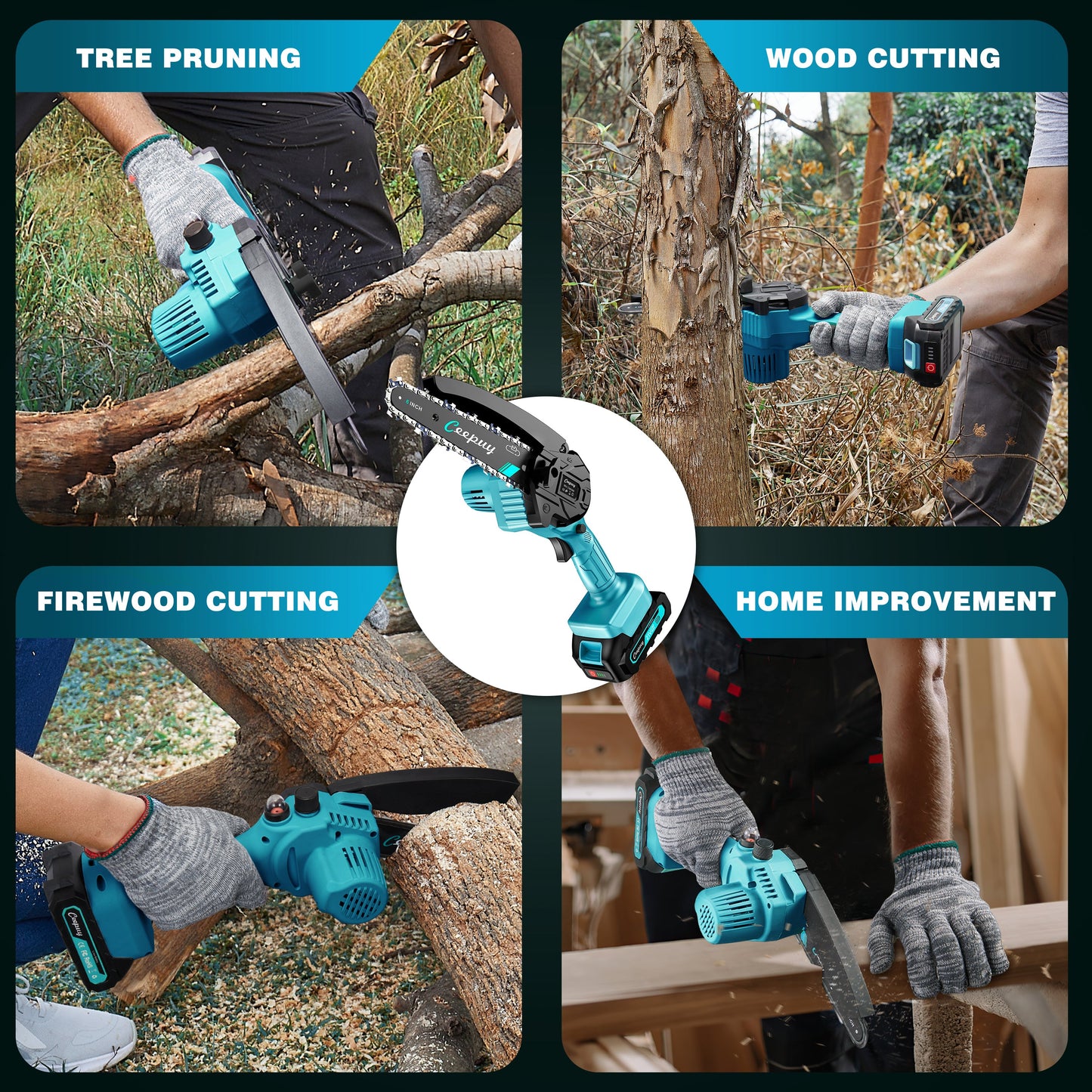 Sky Blue Mini Chainsaw – 6” Cordless Electric Wood Cutter