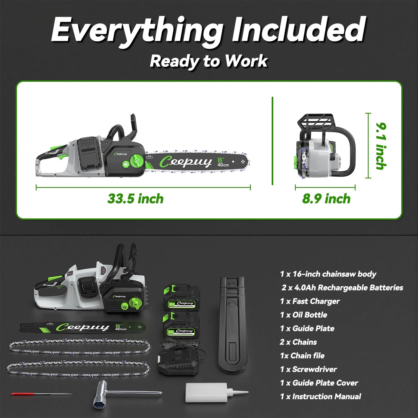 16 Inch Cordless Chainsaw โ Electric Wood Cutting Saw with 2 Batteries