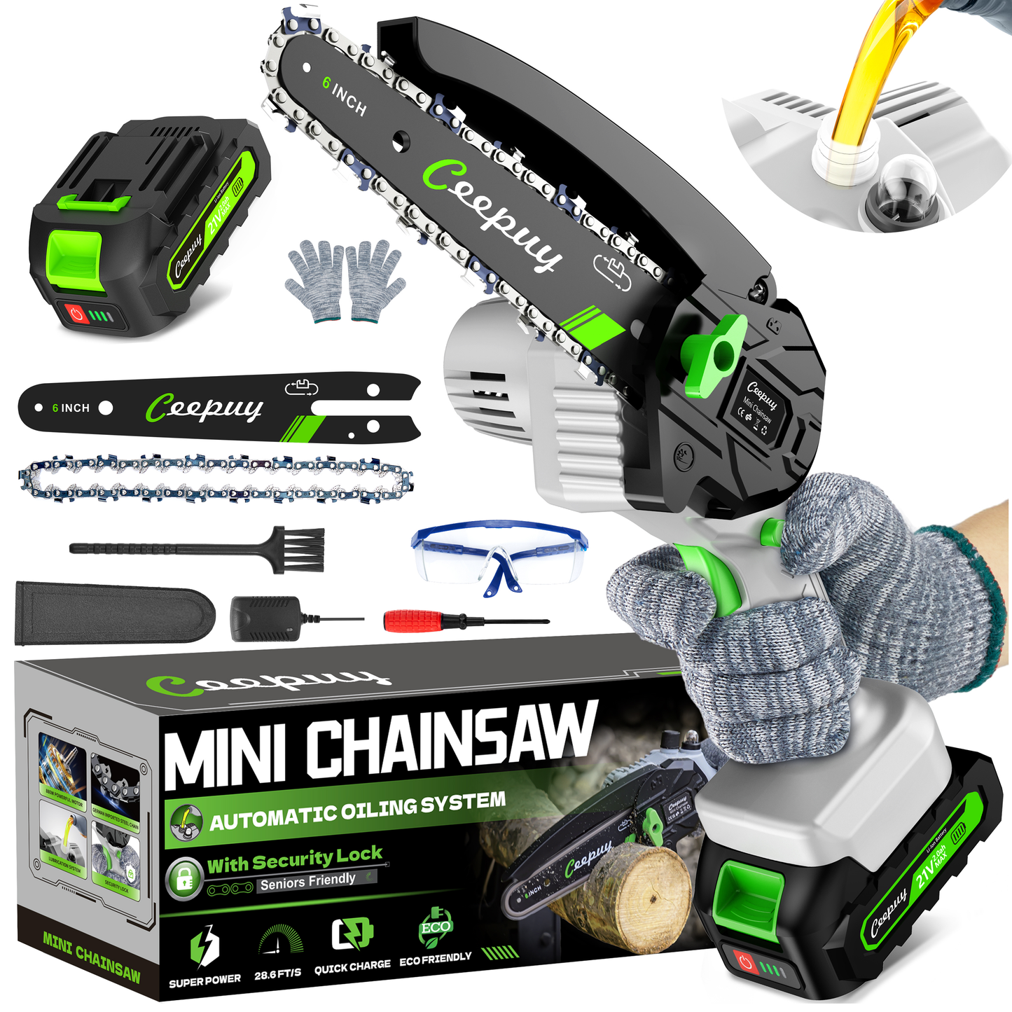 Graue Mini-Kettensäge – 6 Zoll Akku-Elektro-Holzschneider
