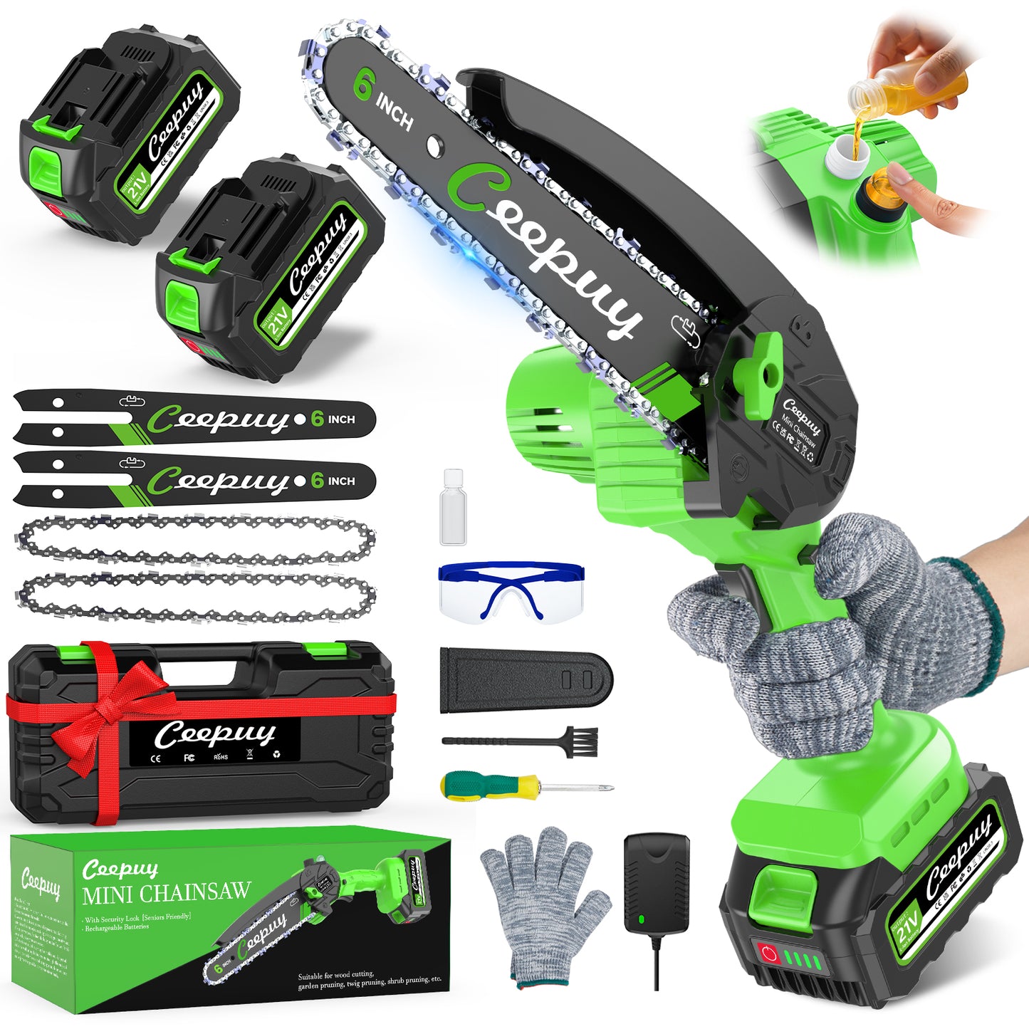 6-Inch Mini Chainsaw, Cordless Battery Chainsaw, Electric Chainsaw for Wood Cutting, Garden Tool
