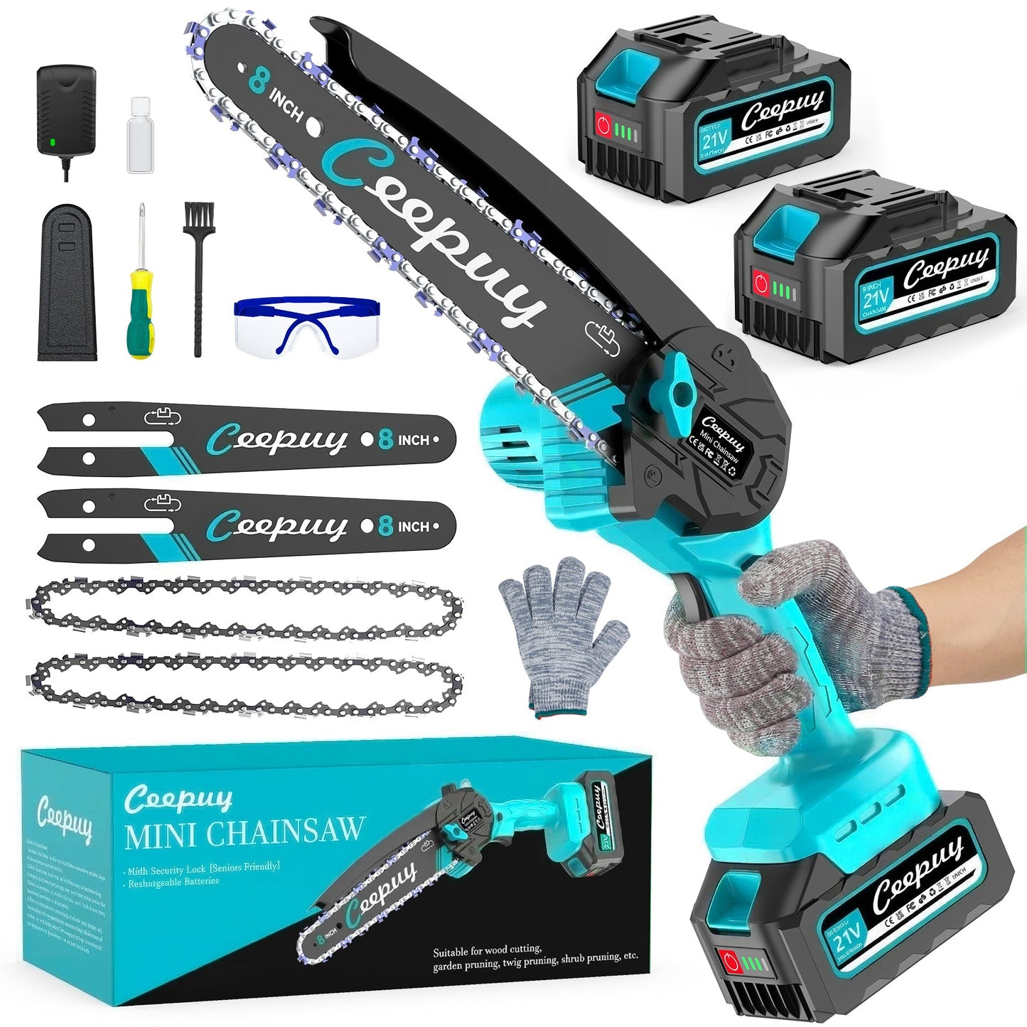 ceepuy Hellblaue Mini-Kettensäge – 8 Zoll Akku-Elektro-Holzschneider