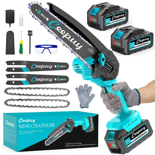 ceepuy Sky Blue Mini Chainsaw – 8 Inch Cordless Electric Wood Cutter