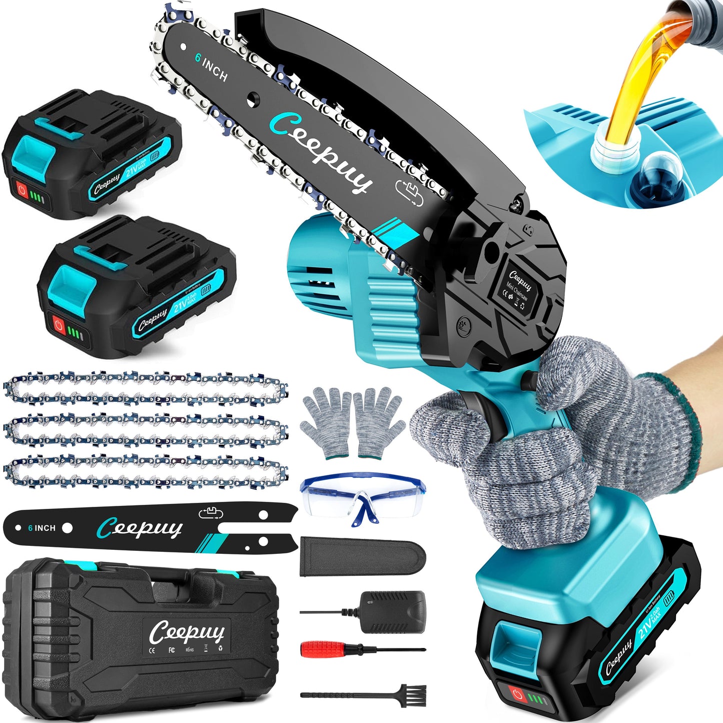 Sky Blue Mini Chainsaw – 6” Cordless Electric Wood Cutter
