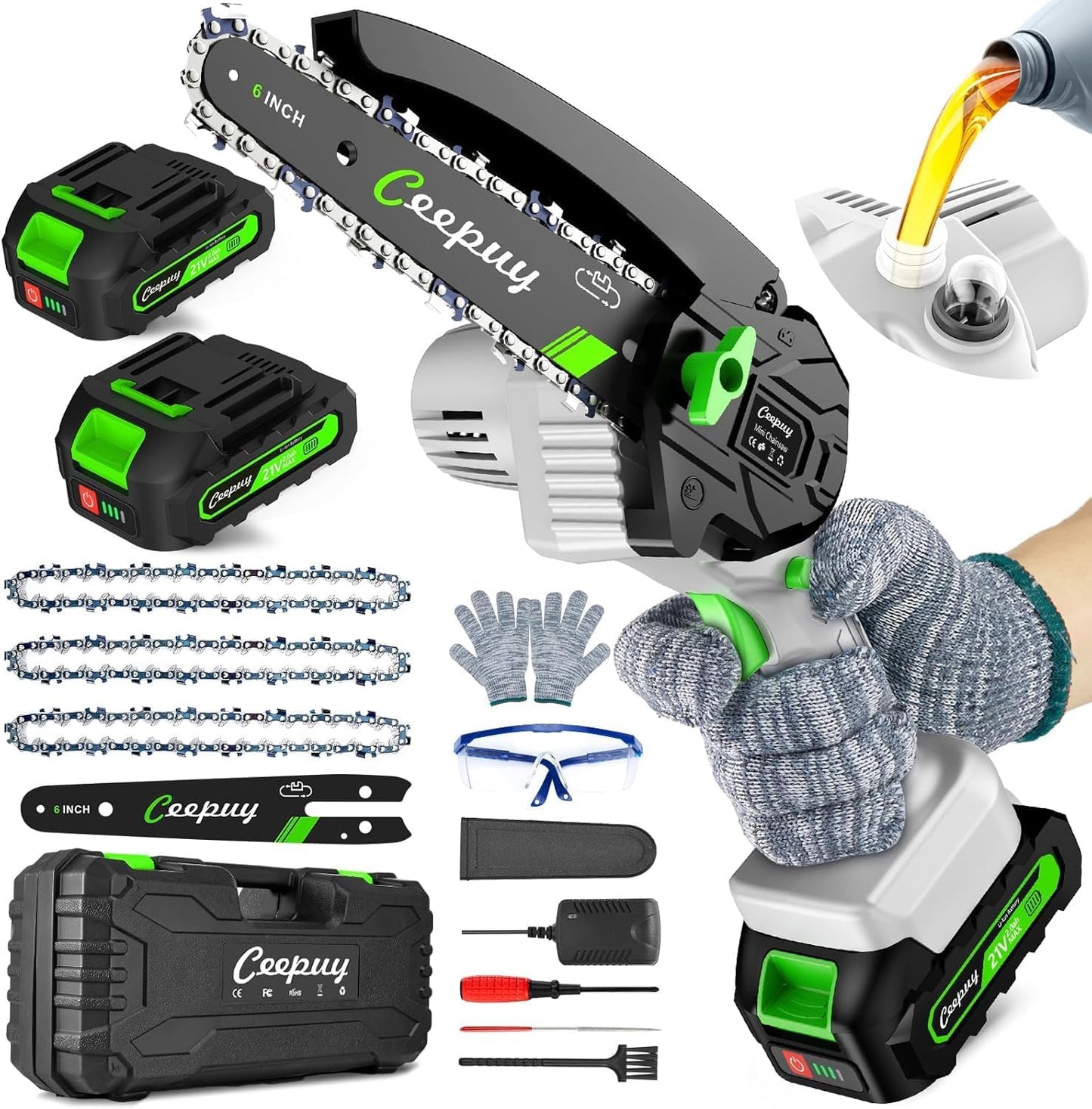 Graue Mini-Kettensäge – 6 Zoll Akku-Elektrosäge mit 2 Batterien