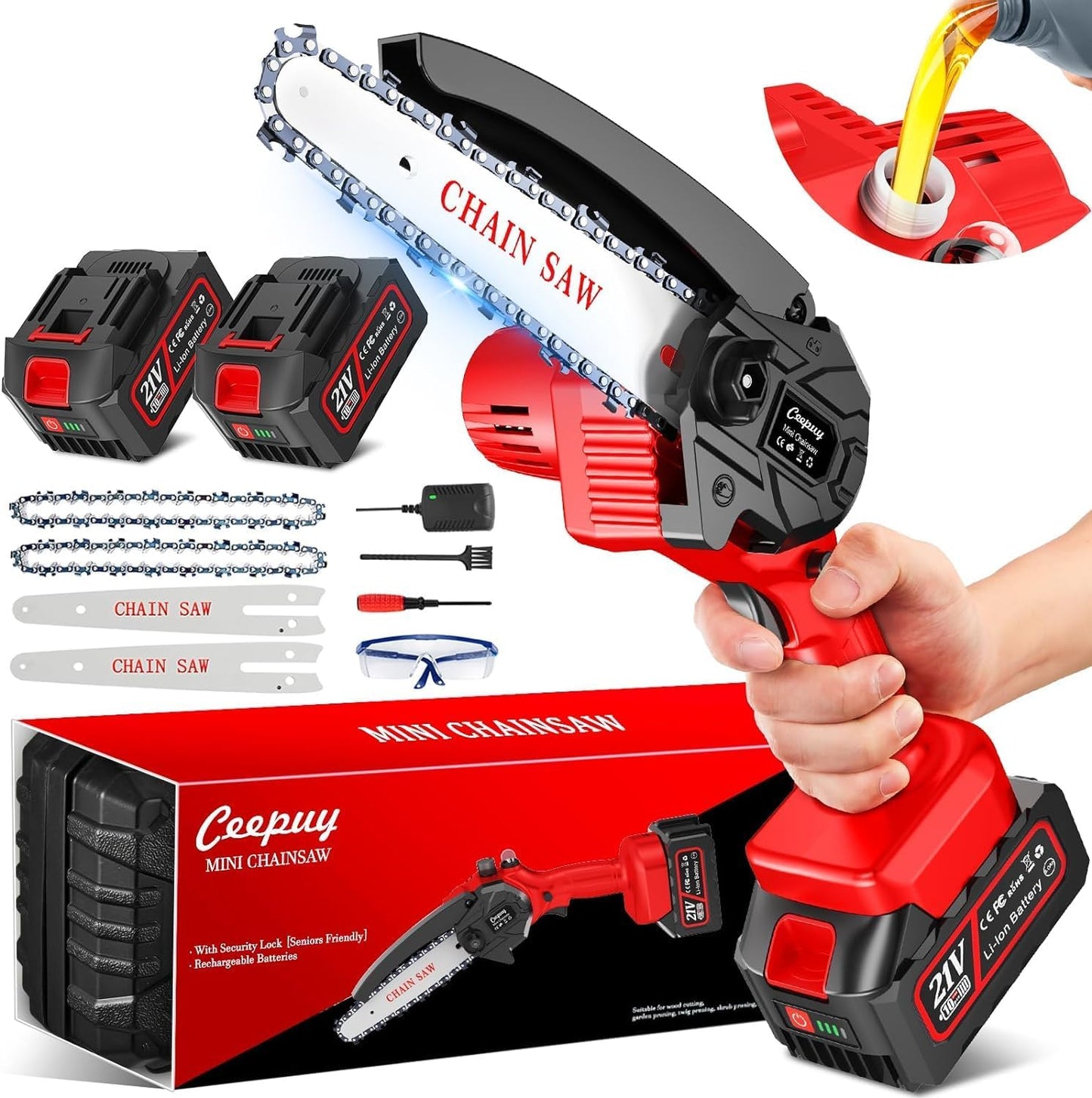 Mini Chainsaw, Electric Cordless Chainsaw Portable Handheld Chainsaw (red 6 inch)