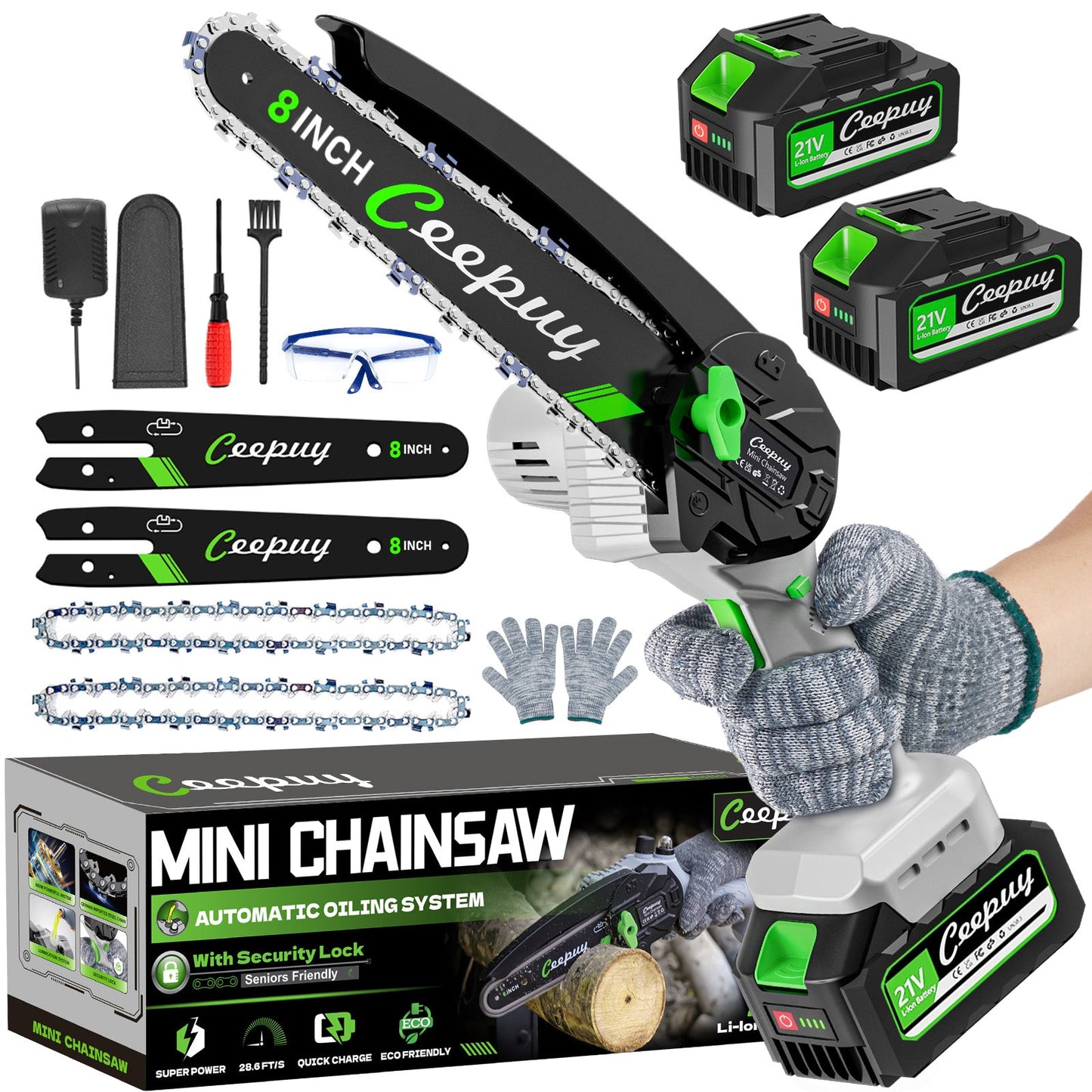 Gray 8 Inch Mini Chainsaw – Cordless Electric Wood Cutter with 2 Batteries