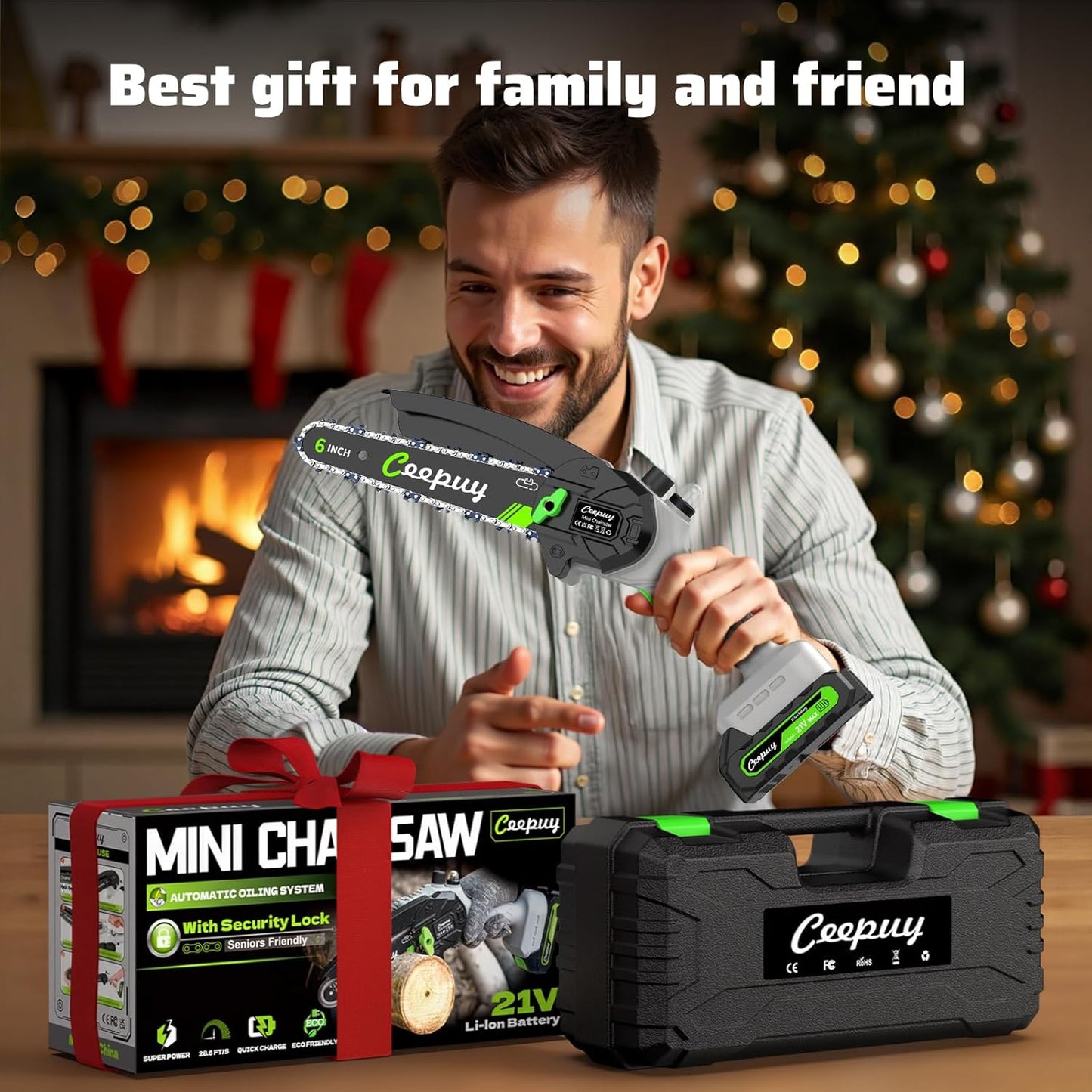 Graue Mini-Kettensäge – 6 Zoll Akku-Elektrosäge mit 2 Batterien