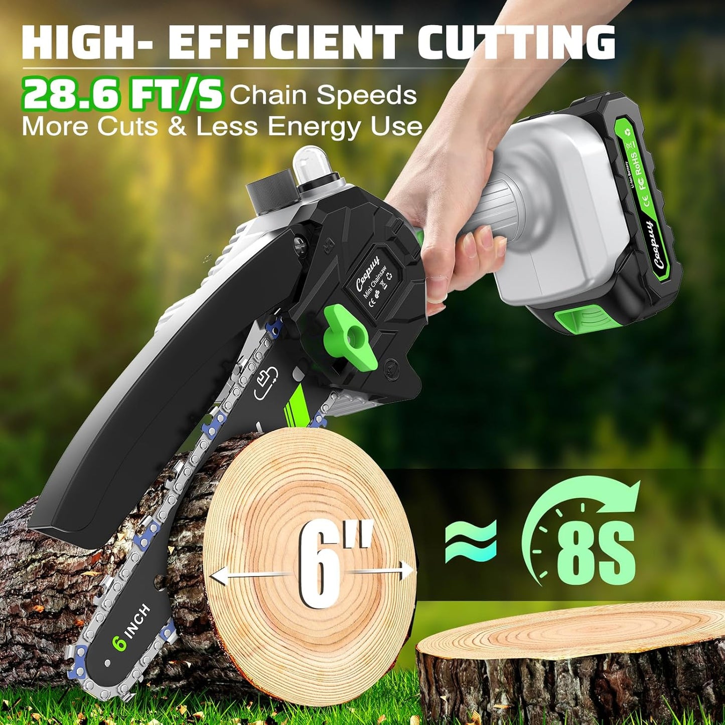 Graue Mini-Kettensäge – 6 Zoll Akku-Elektrosäge mit 2 Batterien