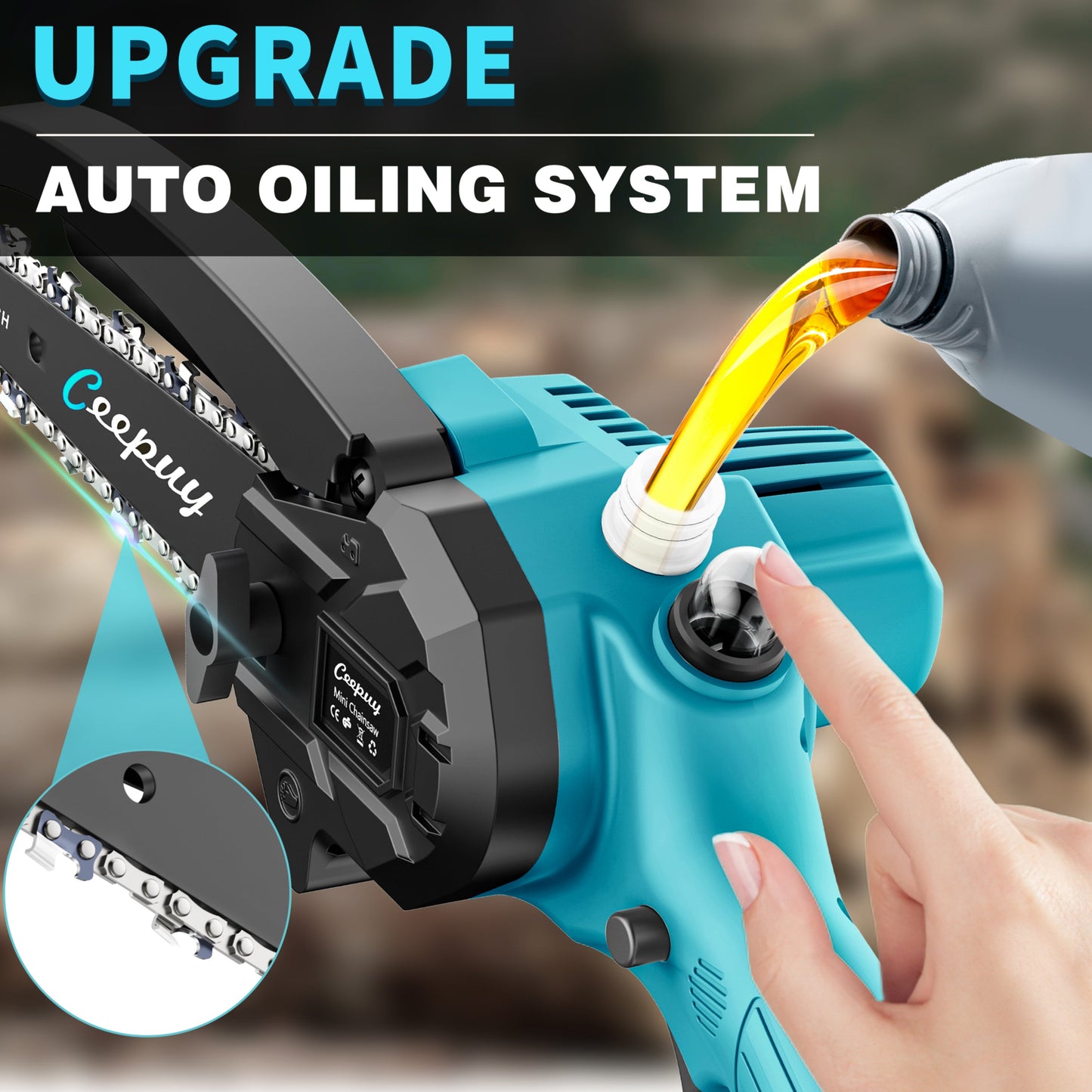 Sky Blue Mini Chainsaw – 6” Cordless Electric Wood Cutter