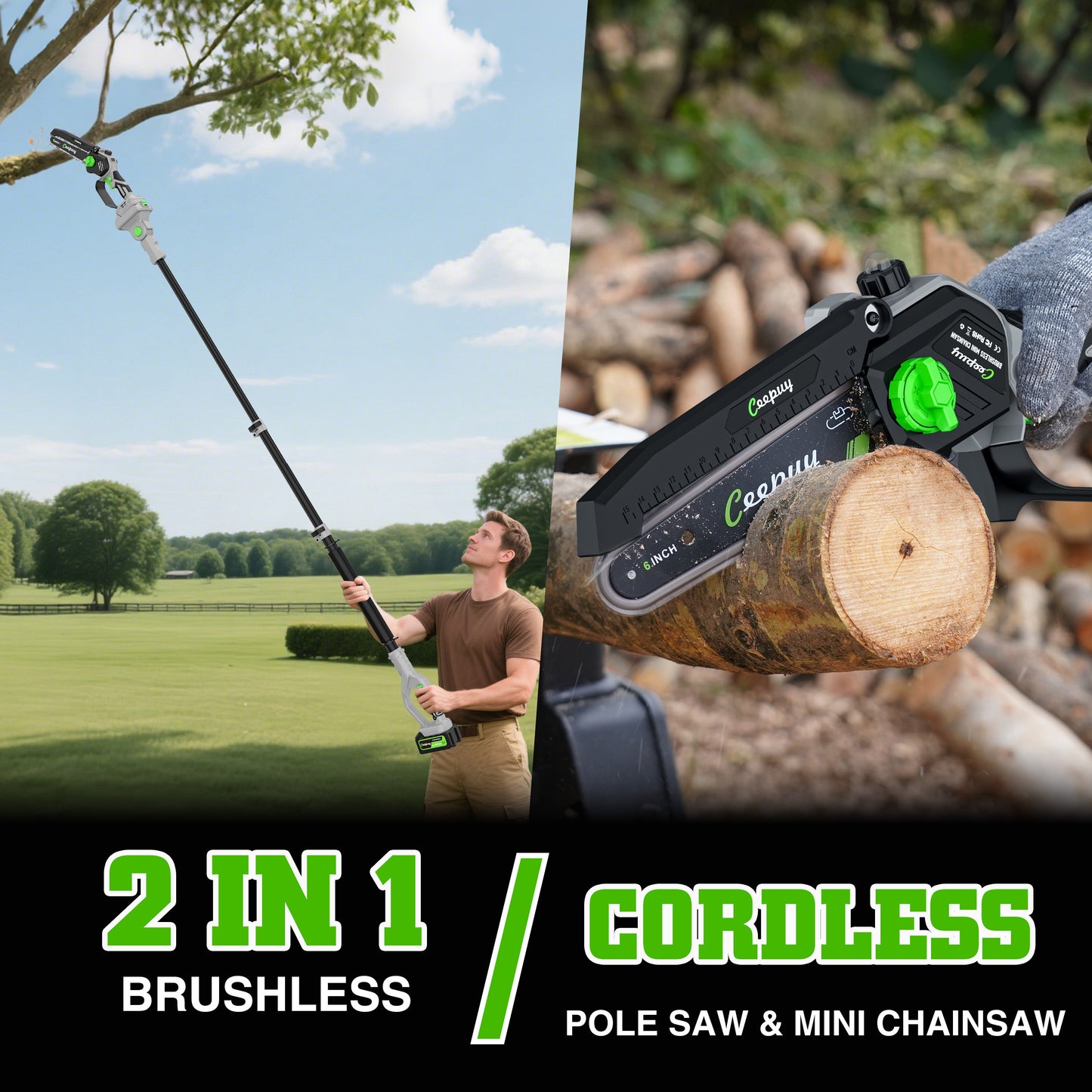 2-in-1 Pole Chainsaw – 6 Inch Cordless Mini Saw with Extension Pole