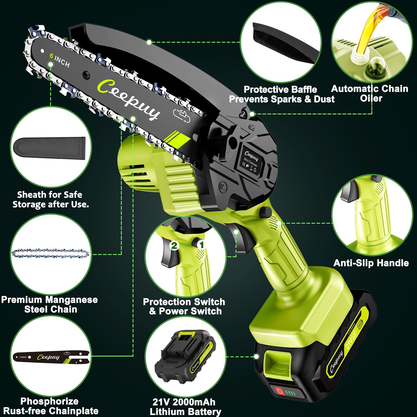 Fluorescent Green Mini Chainsaw – Portable Cordless Wood Cutter
