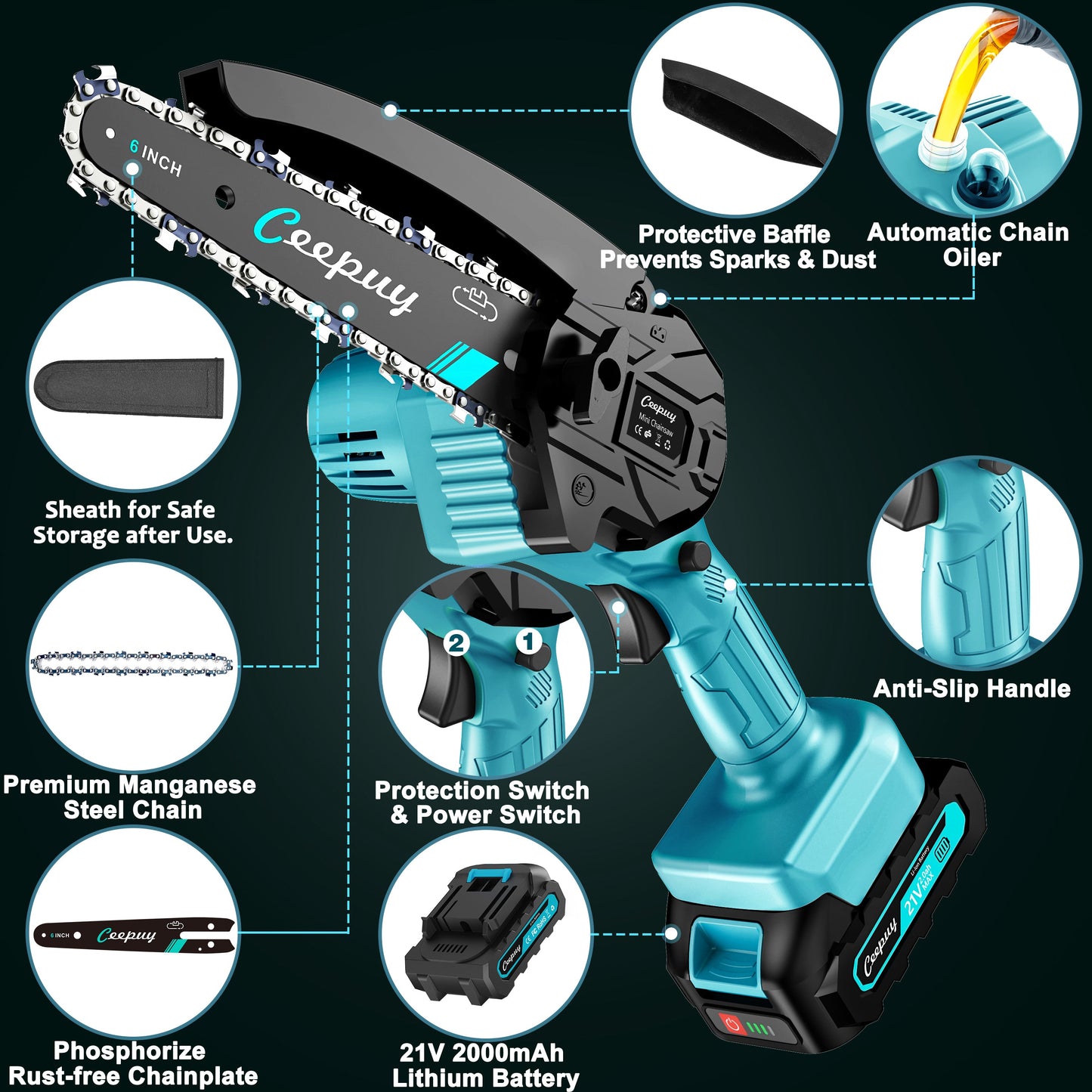 Sky Blue Mini Chainsaw – 6” Cordless Electric Wood Cutter
