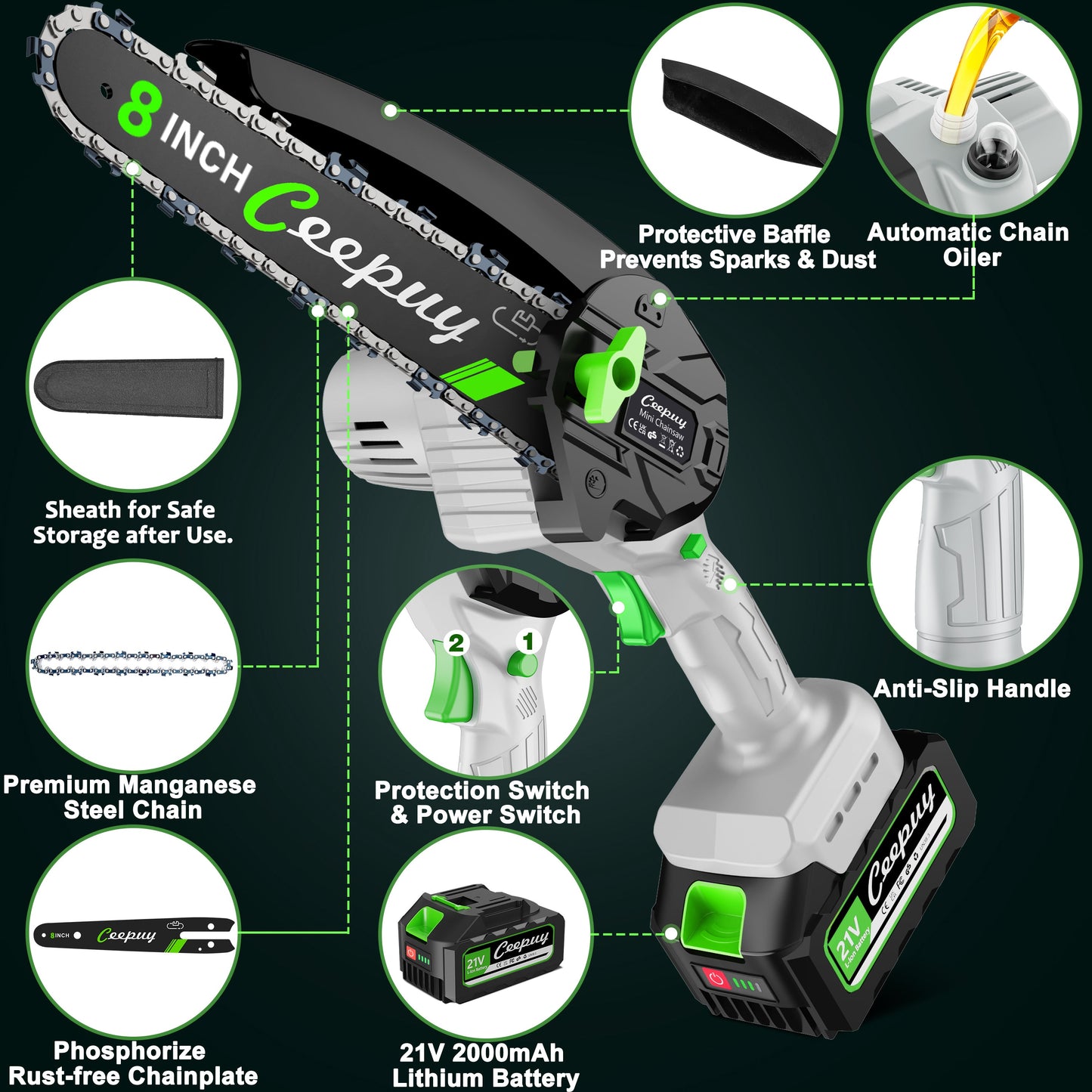 Gray 8 Inch Mini Chainsaw – Cordless Electric Wood Cutter with 2 Batteries