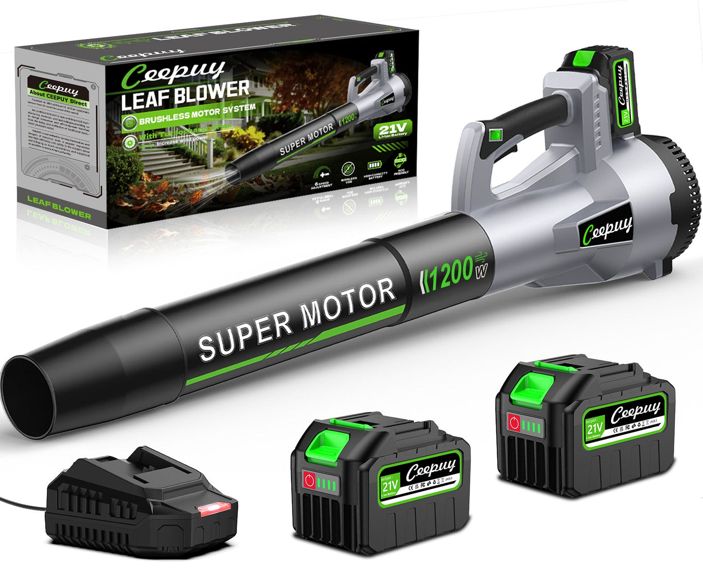 ceepuy Laubbläser Dunkelgrau – 1200W Kabelloser bürstenloser Laubbläser